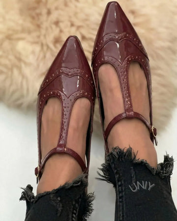 Burgundy Patent Leather Pointed Toe Brogue T-Strap Flats