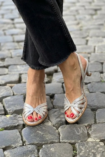 Metallic Silver Multi-Strap Slingback Kitten Heel Sandals