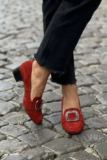 Burgundy Suede Large Metal Buckle Block Heel Loafers