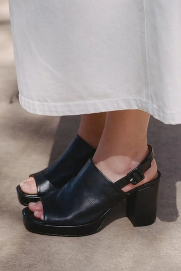 Black Leather Peep-Toe Block Heels