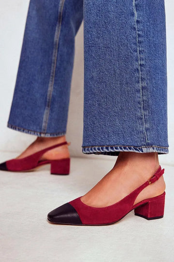 Colorblock Square Toe Slingback Burgundy Chunky Heels