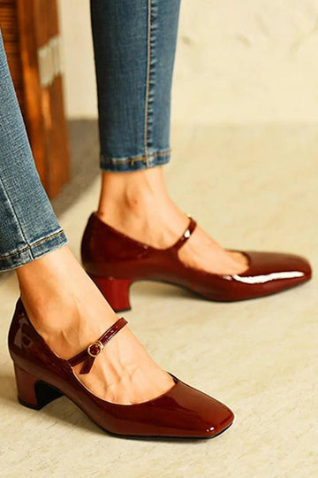 Elegant Instep Strap Buckle Solid Color Square Chunky Toe Heels
