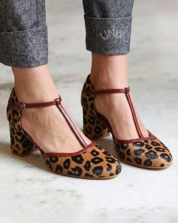 Leopard Pattern Color Block T-Strap Chunky Block Heels