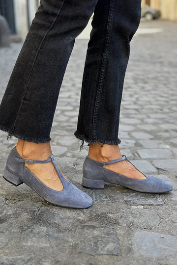Solid Color T-Strap Buckle Round Toe Navy Low Heels