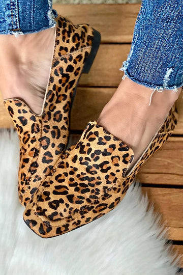 Square Toe Leopard Print Slip Khaki On Loafers