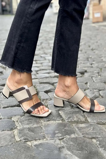 Colorblock Square Toe Casual Khaki Chunky Heels