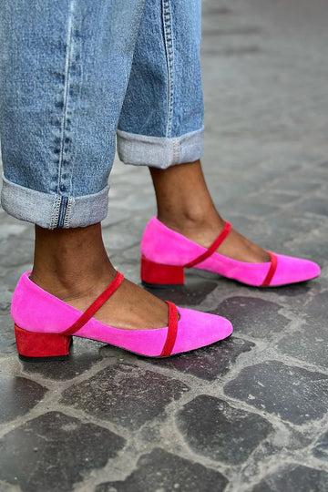 Colorblock Instep Strap Pointed Toe Fuchsia Low Heels