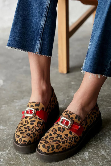 Colorblock Strap Buckle Leopard Print Light Brown Loafers