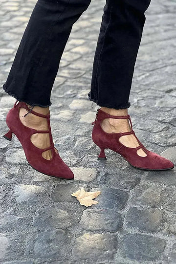 Cross Strap Solid Color Pointed Toe Burgundy Low Heels