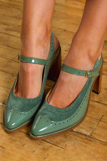Brogue Strap Slingback Buckle Pointy Toe Green Chunky Heels