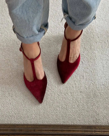 Chic Burgundy Velvet T-Strap Pointed Toe Elegant Block Heels