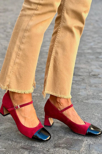 Instep Strap Buckle Colorblock Burgundy Chunky Heels
