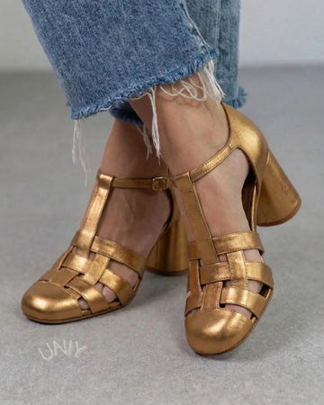Gold Metallic Woven T-Strap Chunky Block Heel Sandals