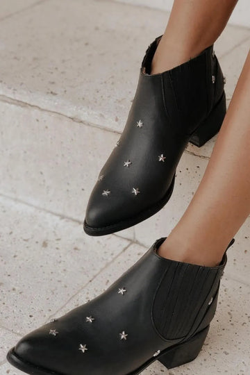 Star Studded Pointed Toe Chunky Heel Ankle Boots