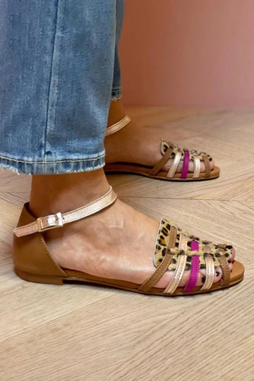 Leopard Print Multicolor Strap Peep Toe Brown Sandals