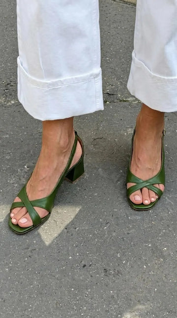 Crisscross Strap Square Toe Slingback Olive Chunky Heels
