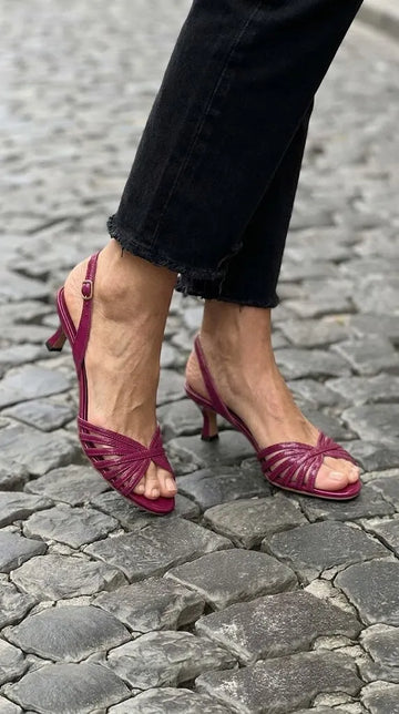 Multi Strap Open Toe Slingback Magenta Kitten Heels