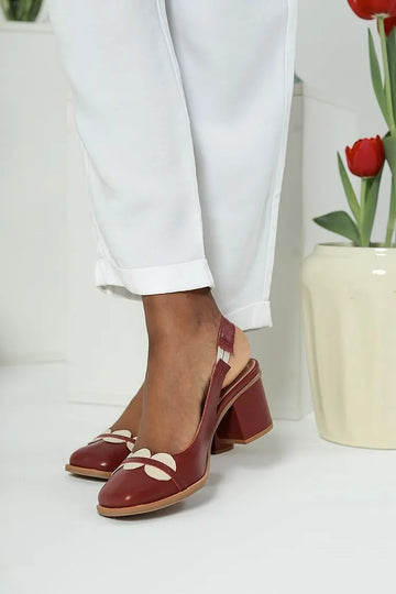 Classic Patchwork Square Chunky Toe Burgundy Slingback Heels