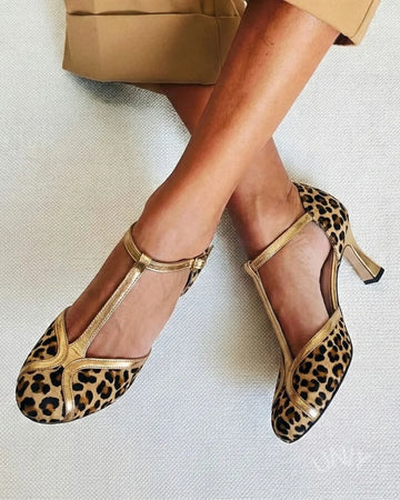 Round Toe Khaki Leopard Print T-Strap Kitten Heels