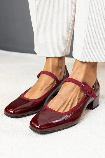 Instep Strap Buckle Square Toe Burgundy Chunky Heels