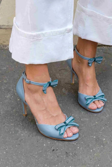 Lace Bow Peep Toe Ankle Strap Blue Stiletto Heels