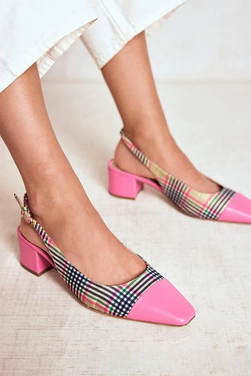 Plaid Patchwork Square Toe Slingback Pink Chunky Heels