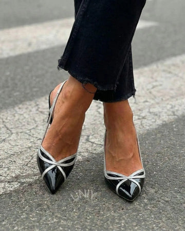 Chic Black Silver Color Block Pointed Slingback Stiletto Heels