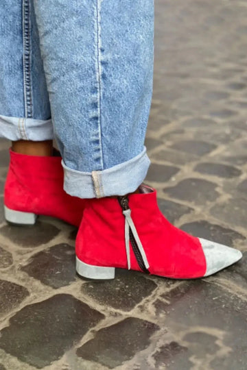 Colorblock Pointed Toe Zipper Chunky Heel Red Ankle Boots