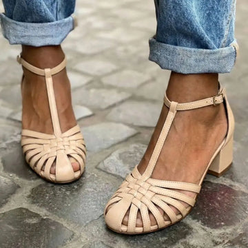 Nude Leather Woven T-Strap Block Heel Ankle Sandals