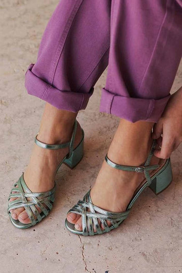 Beautiful Crossover Straps Solid Color Peep Toe Green Chunky Heels