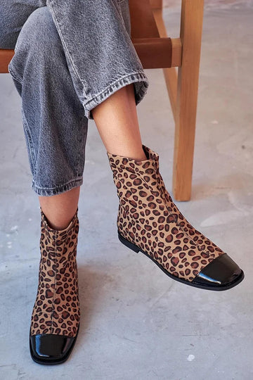 Patchwork Leopard Print Square Toe Brown Ankle Boots