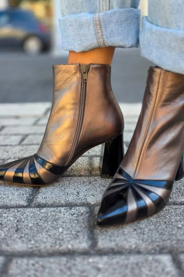 Colorblock Pointed Toe Leather Block Heel Ankle Boots