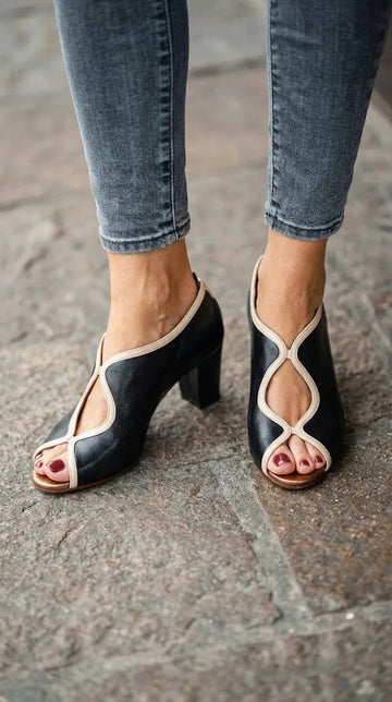 Black Nude Piping Peep Toe Cutout Block Heels