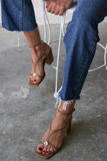 Metal Decor Ankle Strap Buckle Square Toe Brown Chunky Heels