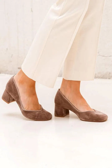 Brown Faux Suede Round Toe Elegant Versatile Mid Heels
