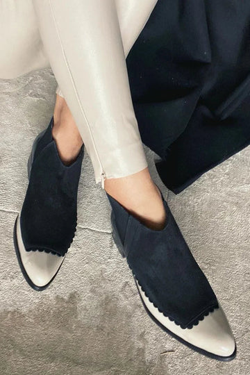 Patchwork Pointed Toe Chunky Heel Black Ankle Boots
