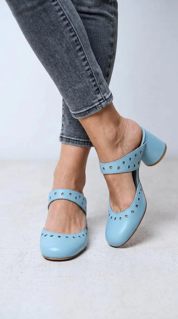 Laser Cut Round Toe Strap Blue Block Heels