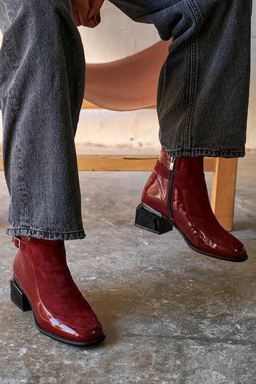 Zipper Round Toe Patchwork Chunky Heel Burgundy Ankle Boots