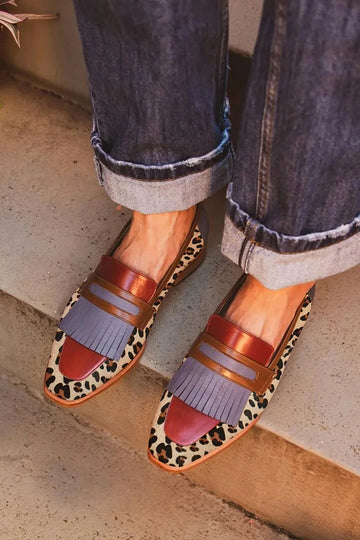 Colorblock Fringe Leopard Print Square Toe Khaki Loafers