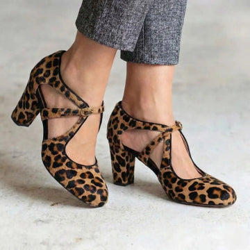 Leopard Print Round Toe Multi Strap Crisscross Block Heels