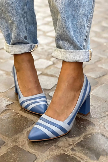 Striped Pointed Toe Closed Back Blue Chunky Heels