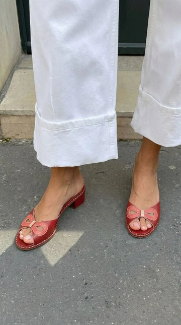 Perforated Bow Peep Toe Slide Red Block Heels