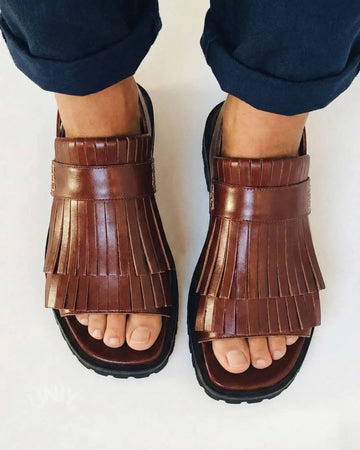 Vintage Brown Kiltie Fringe Lug Sole Slingback Sandals