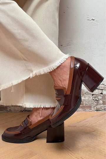 Contrast Trim Patchwork Round Toe Dark Brown Chunky Heels