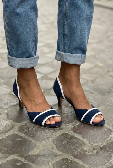 Navy Blue White Trim Peep Toe D'Orsay Kitten Heels