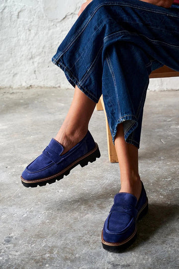 Patchwork Solid Color Round Toe Navy Loafers