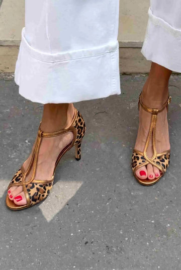 Leopard Print Peep Toe T-Strap Bronze Slim Heels