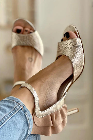 Patchwork Ruffle Crocodile Print Gold Stiletto Heels