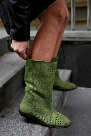 Solid Color Hollow Out Round Toe Green Mid Boots