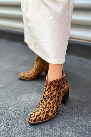 Leopard Print Pointed Toe Brown Chunky Heels Boots